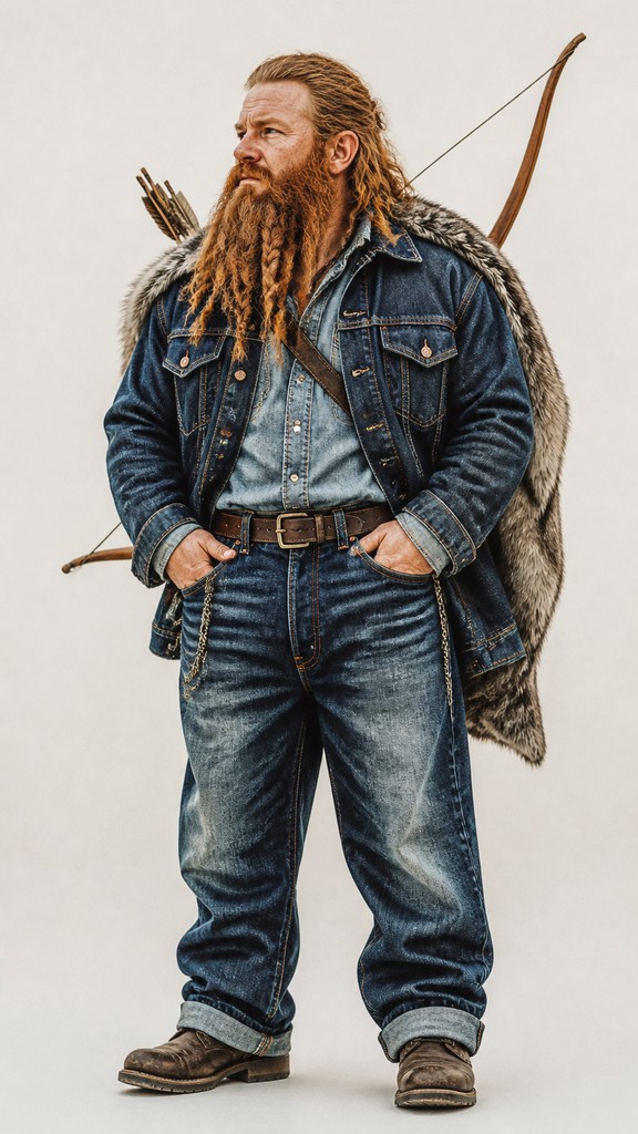 full-body original character: a dwarven ranger with a braided auburn beard, worn leather armor, a longbow and a wolf-pelt cloak, neutral background, no text — Denim-on-Denim Fashion Style tabletop character portrait