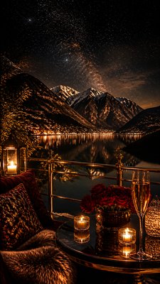 a tranquil mountain lake beneath a starry night sky, no people, no text — Night Luxe Aesthetic wallpaper