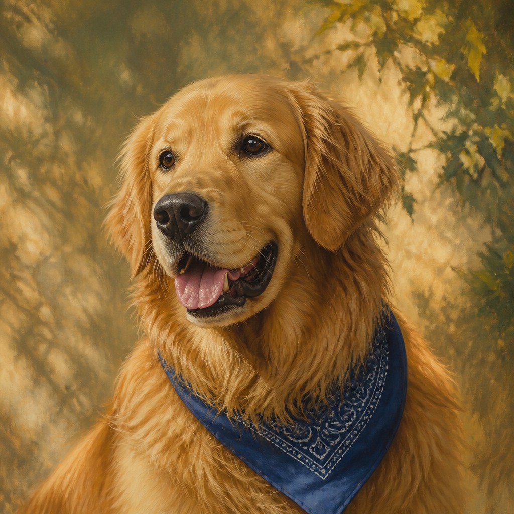 portrait of a golden retriever wearing a blue bandana, warm plain backdrop, no text — Wildlife Nature Art pet portrait