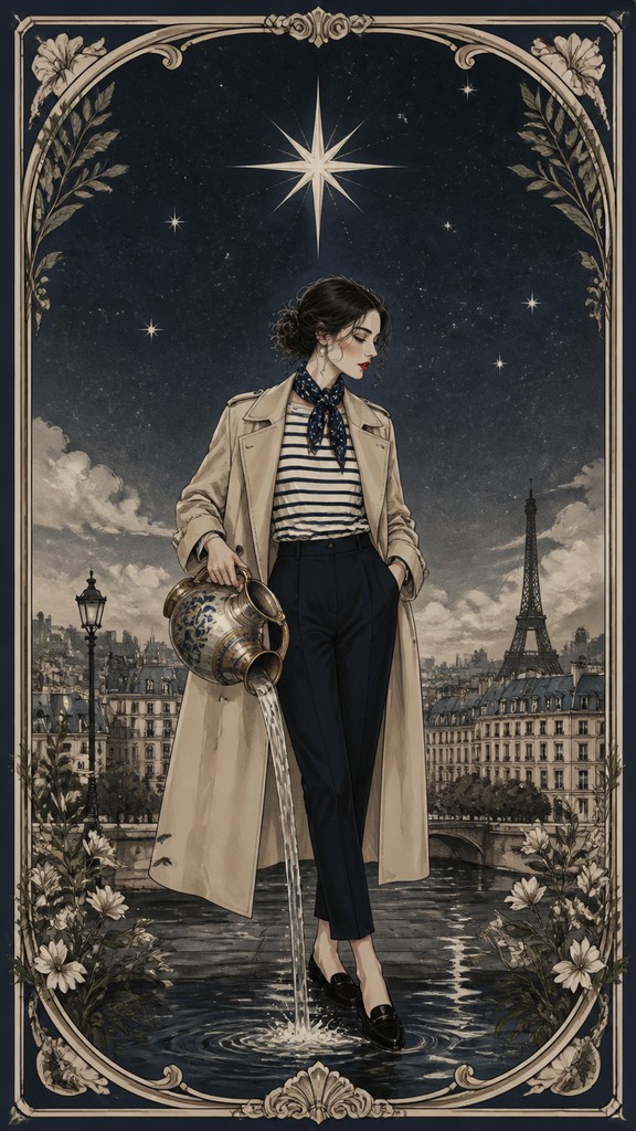 a robed figure pouring water beneath a large eight-pointed star in a night sky, symmetrical composition with an ornate decorative border, no text — Parisian Chic Fashion Style tarot card