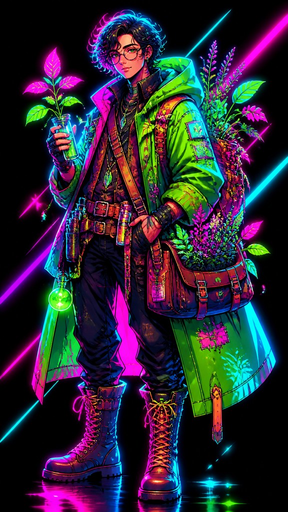 full-body original character: a wandering botanist with a satchel of plants, a patched green cloak, tall boots and round glasses, neutral background — Neon Pop Art Style character design