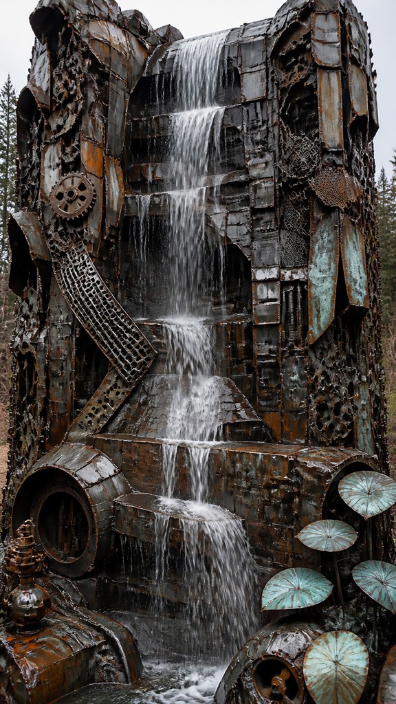 towering waterfall cascading down a cliff — Metal Assemblage Sculpture Art Style