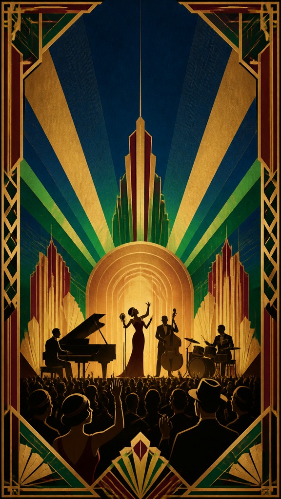 a live music scene with a glowing stage and silhouetted crowd, energetic vertical composition with open space at the top, no text — Art Deco Poster Design flyer