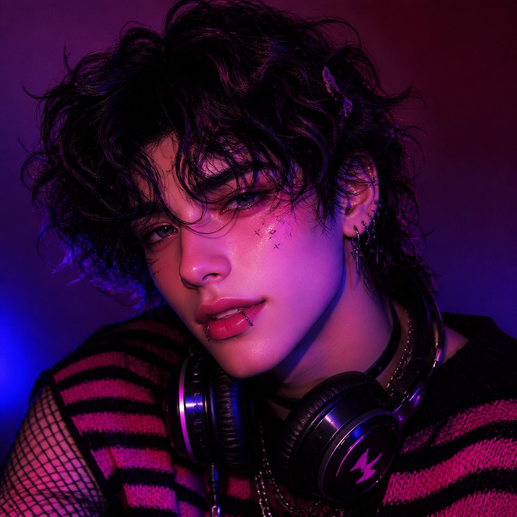 head-and-shoulders portrait of an original character: a young man with curly dark hair and headphones around his neck, plain backdrop, no text — E-Girl Aesthetic Discord profile picture