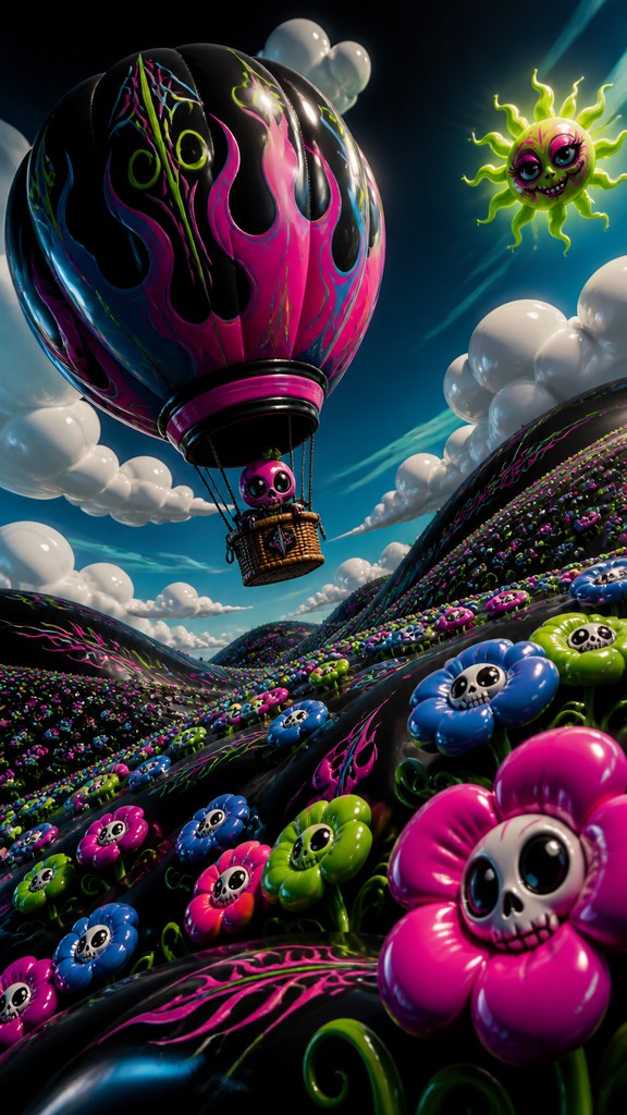 a hot air balloon drifting over rolling flower fields on a sunny day, cheerful, no text — Lowbrow Art Style greeting card