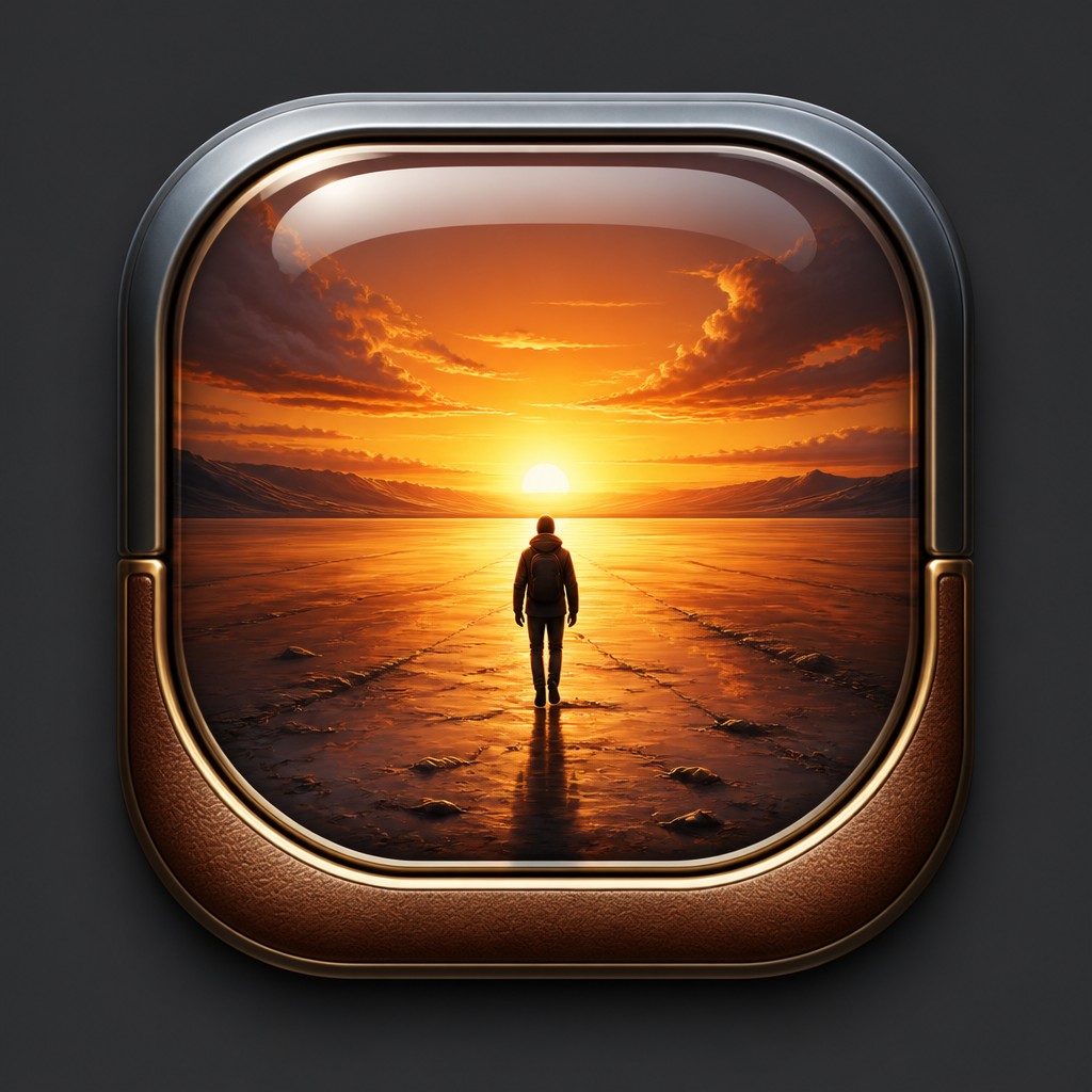 a solitary figure walking toward a glowing horizon across an empty plain, moody atmosphere, no text or lettering — Skeuomorphic Icon Design album cover