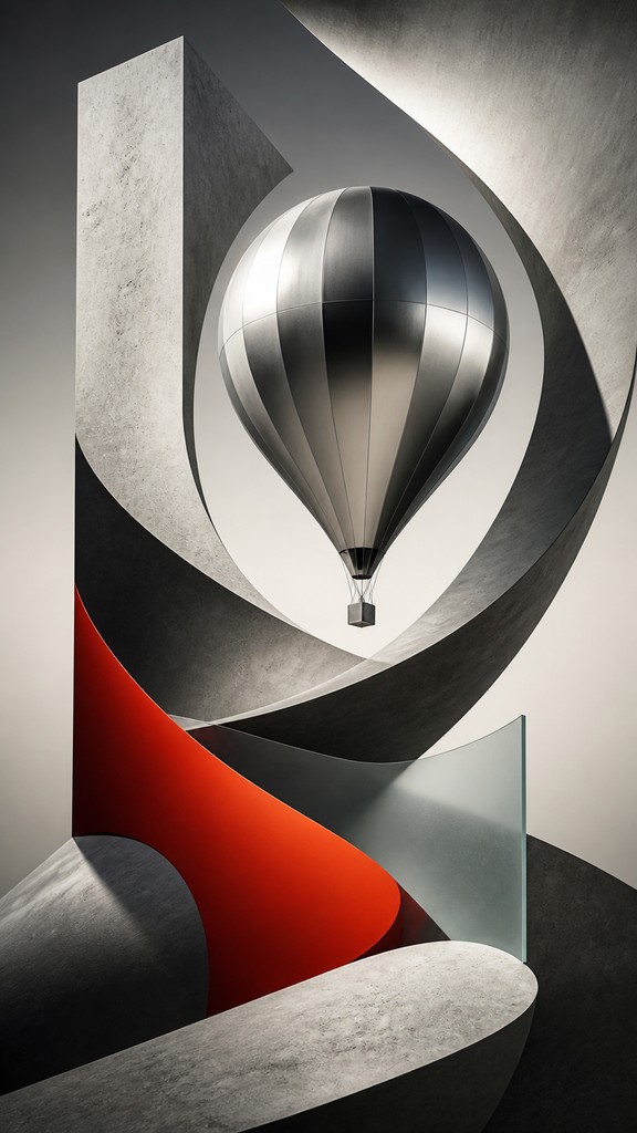 a hot air balloon drifting over rolling flower fields on a sunny day, cheerful, no text — Modern Abstract Sculpture Art Style greeting card