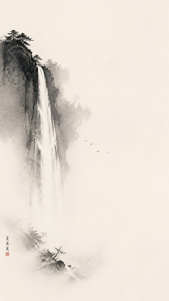 towering waterfall cascading down a cliff — Negative Space Art Style