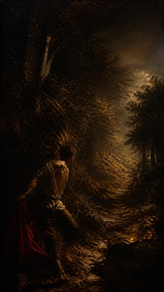 a mysterious forest path with fireflies and drifting mist, atmospheric vertical composition with open space at the top, no text — Caravaggio Realism Baroque Art Style book cover