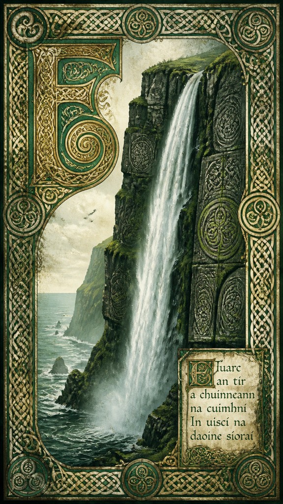 towering waterfall cascading down a cliff — Irish Art Style