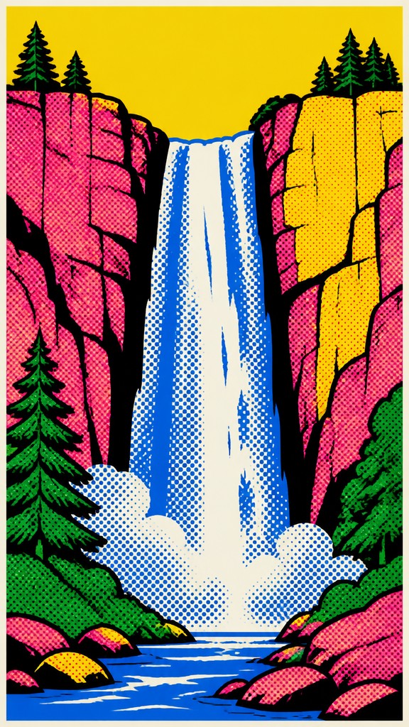 towering waterfall cascading down a cliff — Pop Art Portrait Style