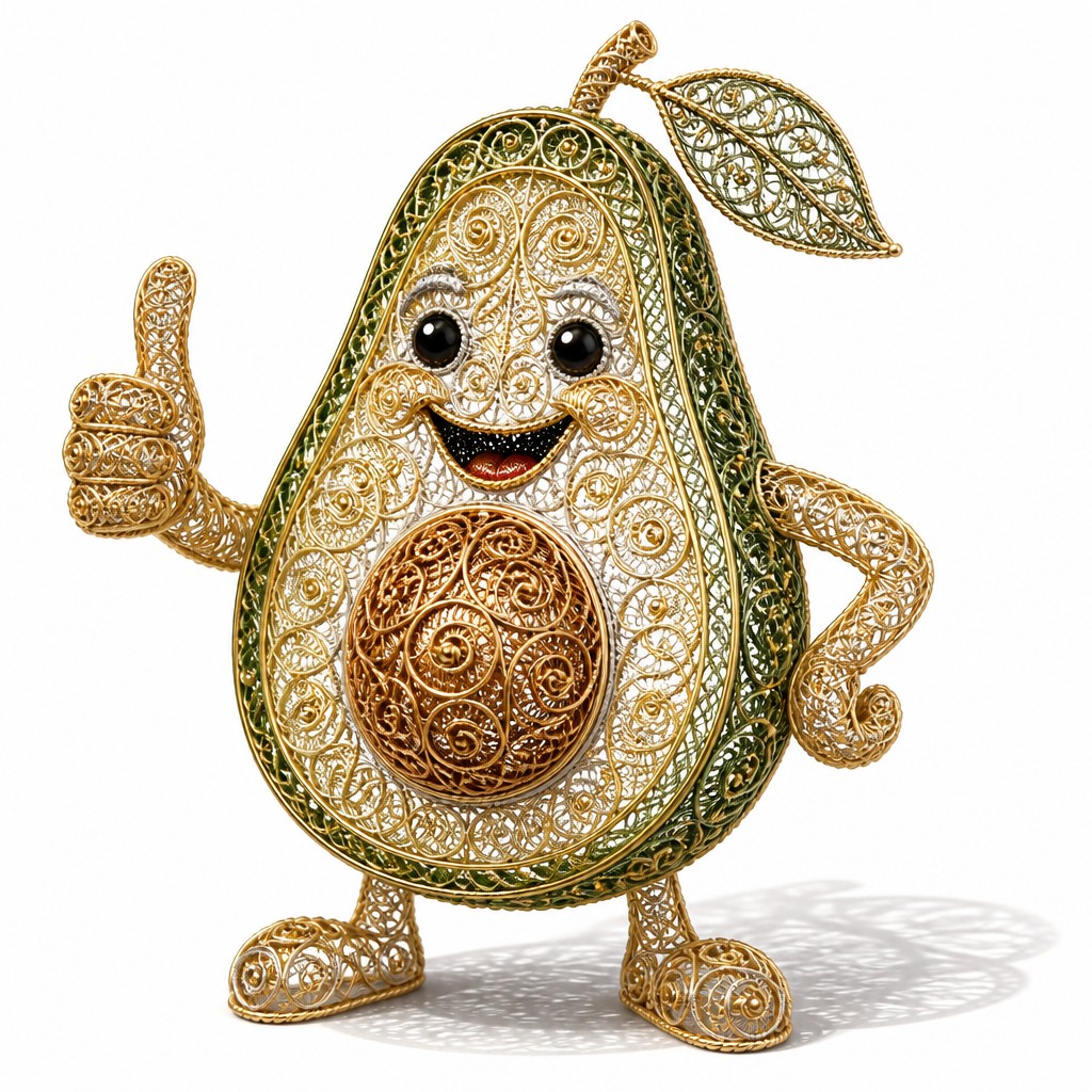 a happy avocado character giving a thumbs up, bold readable design on a plain background, no text — Filigree Jewelry Style sticker