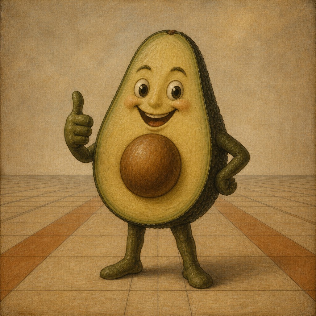 a happy avocado character giving a thumbs up, bold readable design on a plain background, no text — Quattrocento Perspective Renaissance Art Style sticker