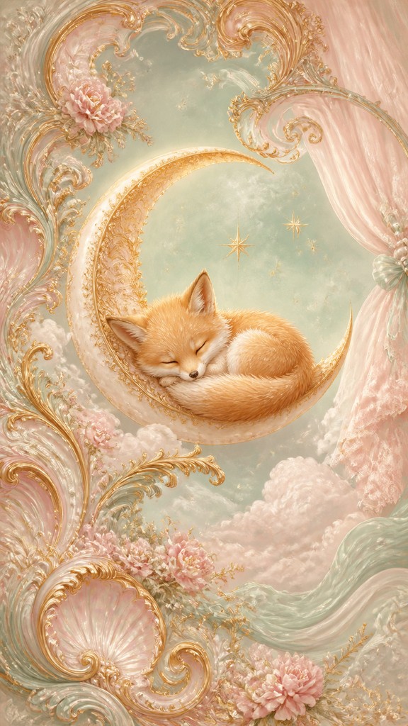 a sleeping baby fox curled on a crescent moon among soft stars, gentle and warm, no text — Rococo Art Style baby announcement