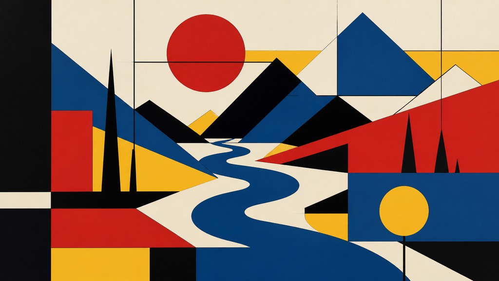 a vast valley with a river winding toward distant mountains at sunrise, no people, no text — Bauhaus Art Style desktop wallpaper