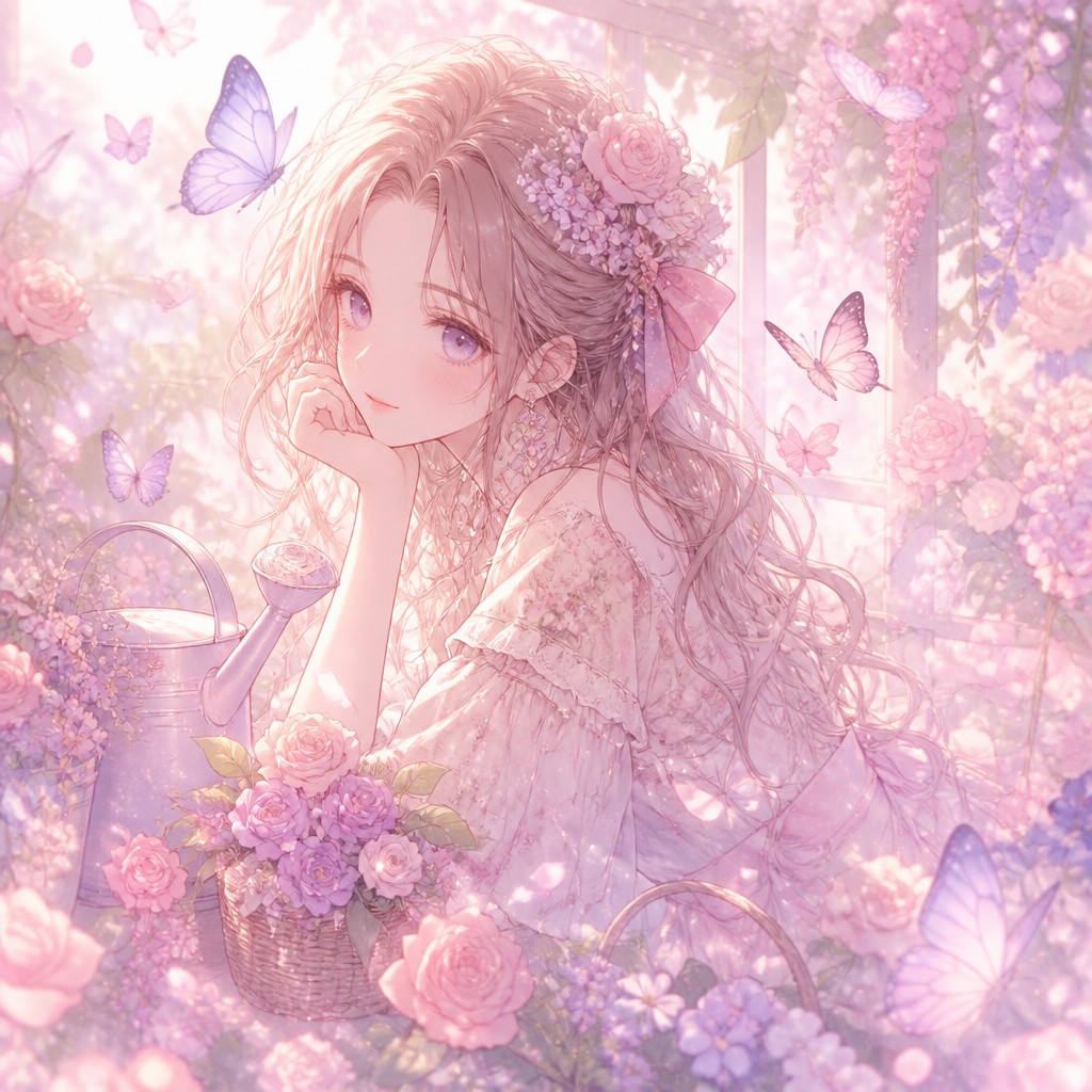 a garden scene with butterflies, flowers and a watering can, clean uncolored line art, no text — Shoujo Romance Anime Art Style coloring page