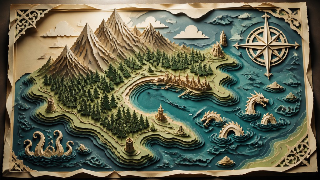 a map of an island realm with mountains, forests, a sheltered bay, sea monsters in the water and a compass rose, no text labels — Paper Cut Art Style fantasy map
