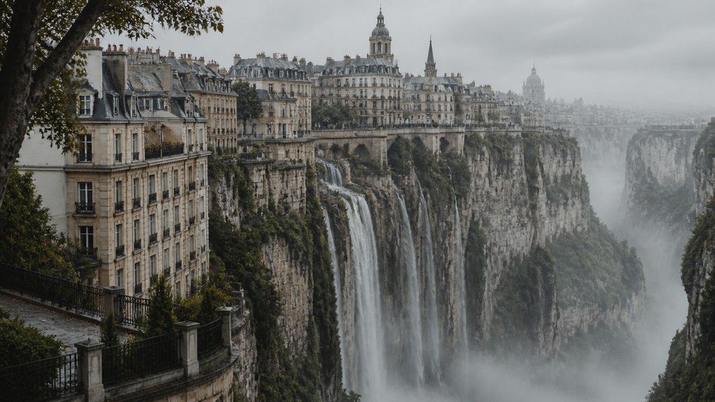 a cliffside city with waterfalls cascading into a misty canyon, wide establishing shot, no people, no text — Parisian Chic Fashion Style concept art