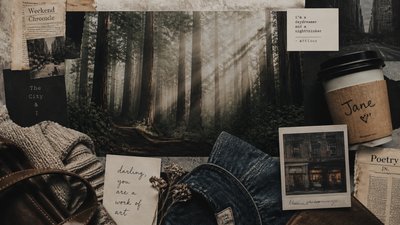 a panoramic redwood forest with light rays through mist, no people — Downtown Girl Aesthetic wallpaper