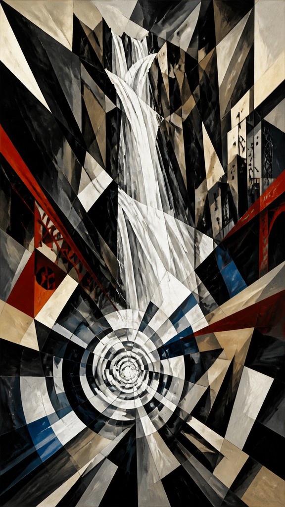 towering waterfall cascading down a cliff — Vorticism Art Style