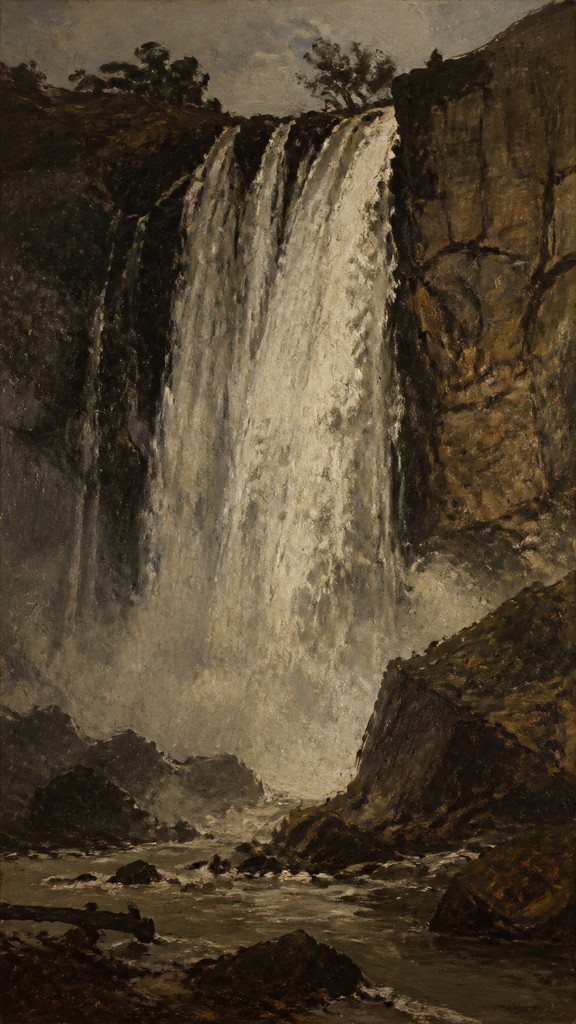 towering waterfall cascading down a cliff — Ashcan School Art Style