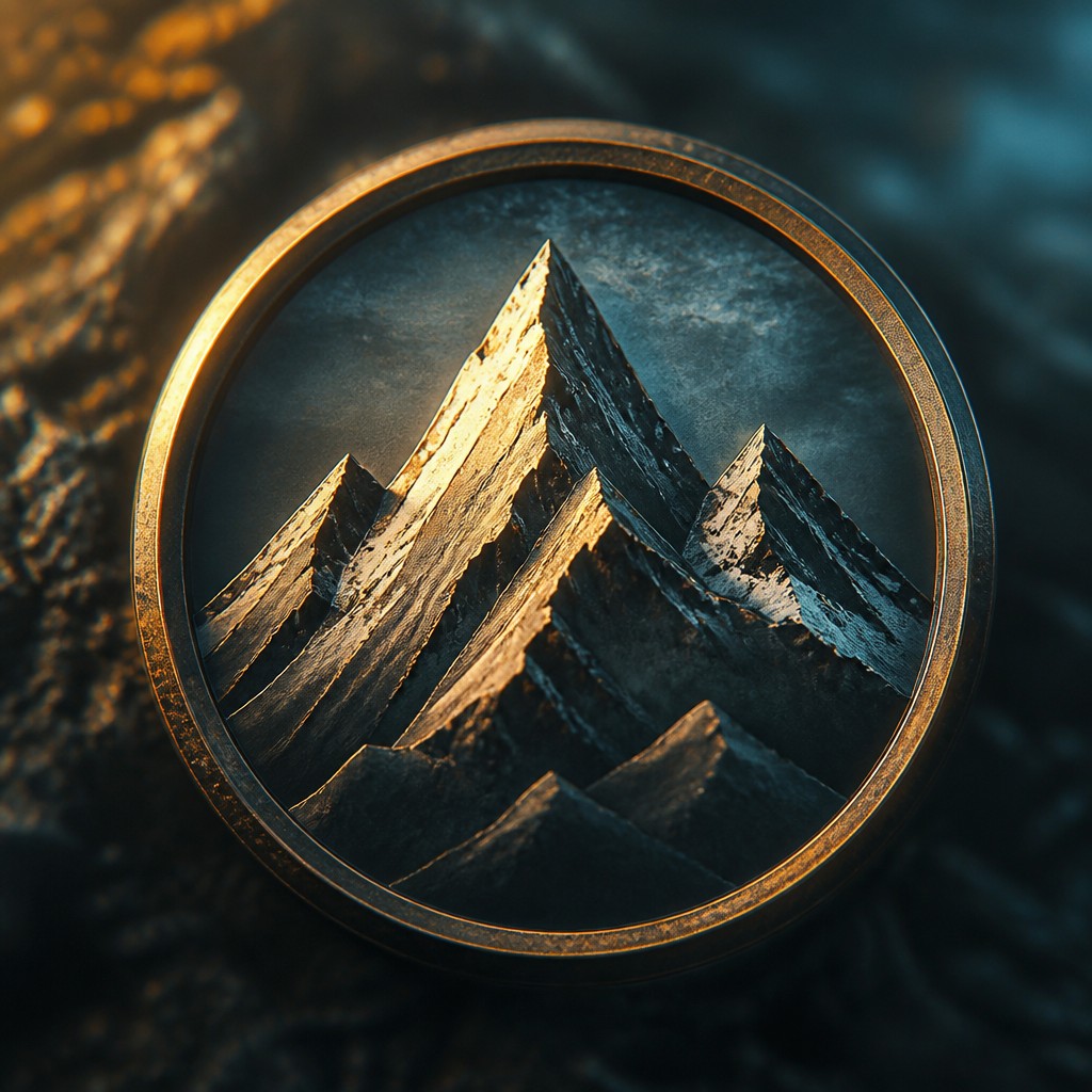 an emblem of a mountain peak inside a circle, simple bold shapes on a plain background, no text or lettering — VFX Compositing Digital Art Style logo concept