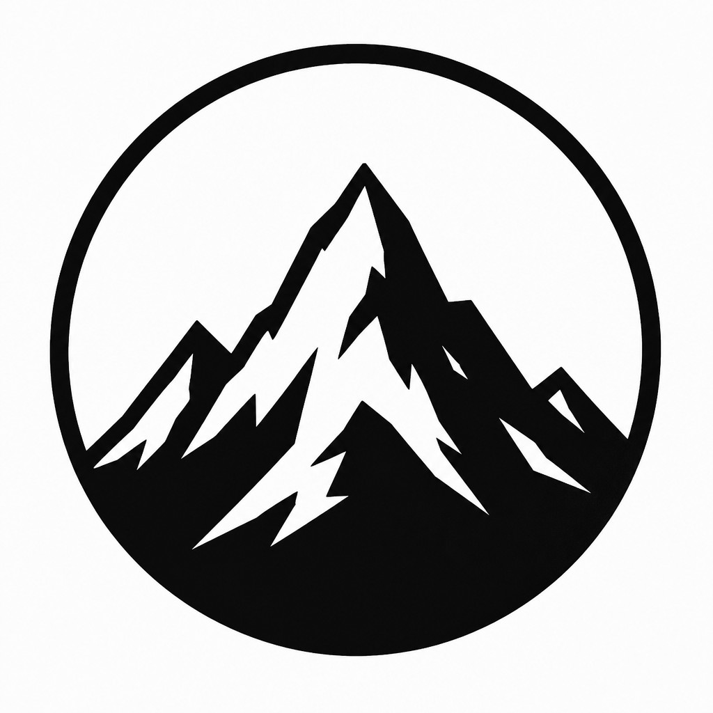 an emblem of a mountain peak inside a circle, simple bold shapes on a plain background, no text or lettering — Performance Art Style logo concept