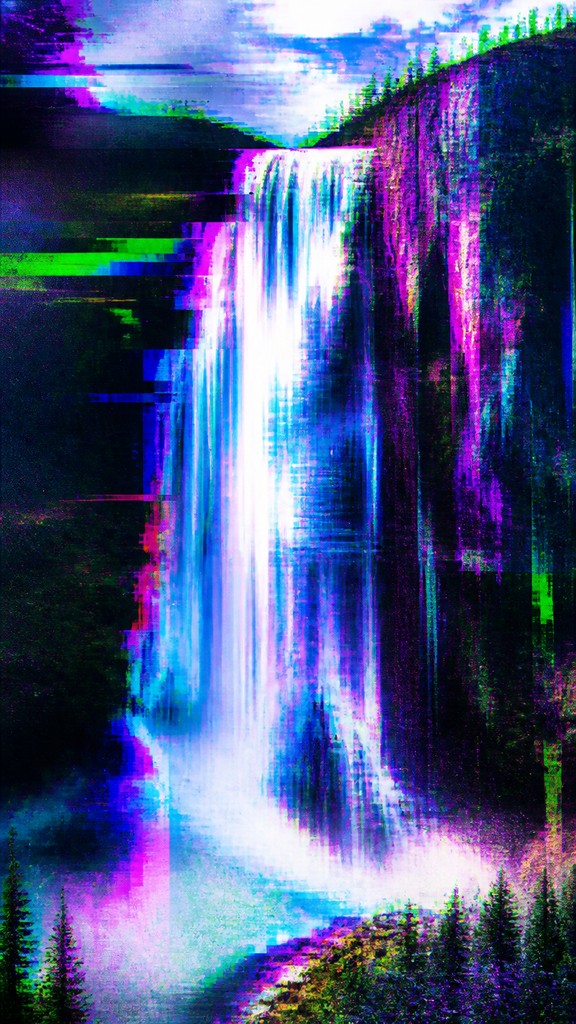 towering waterfall cascading down a cliff — Digital Glitch Abstract Art Style