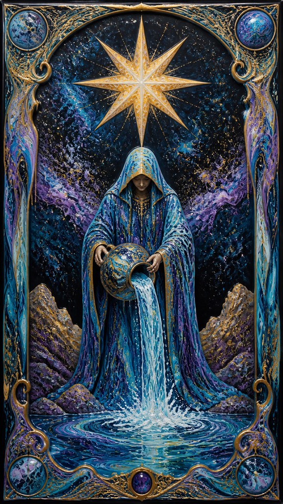 a robed figure pouring water beneath a large eight-pointed star in a night sky, symmetrical composition with an ornate decorative border, no text — Fluid Abstract Art Style tarot card