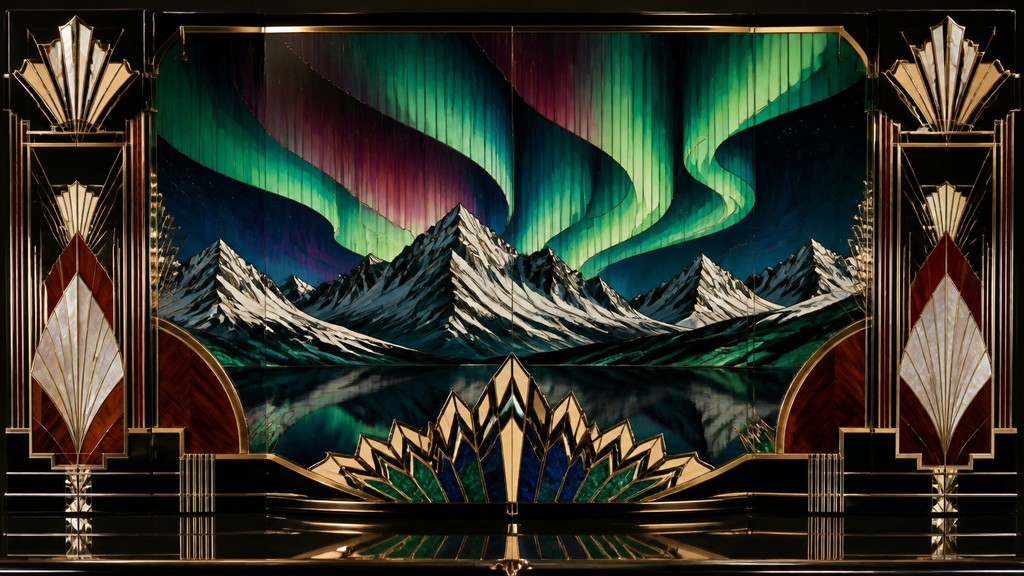 a flowing aurora over snowy peaks, wide sweeping composition, no people, no text — Art Deco Furniture Art banner