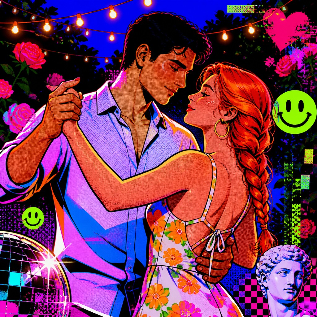 an original couple dancing under string lights in a garden at dusk: a man with short black hair in a linen shirt and a woman with braided red hair in a summer dress — Neo-Pop Art Style couple portrait