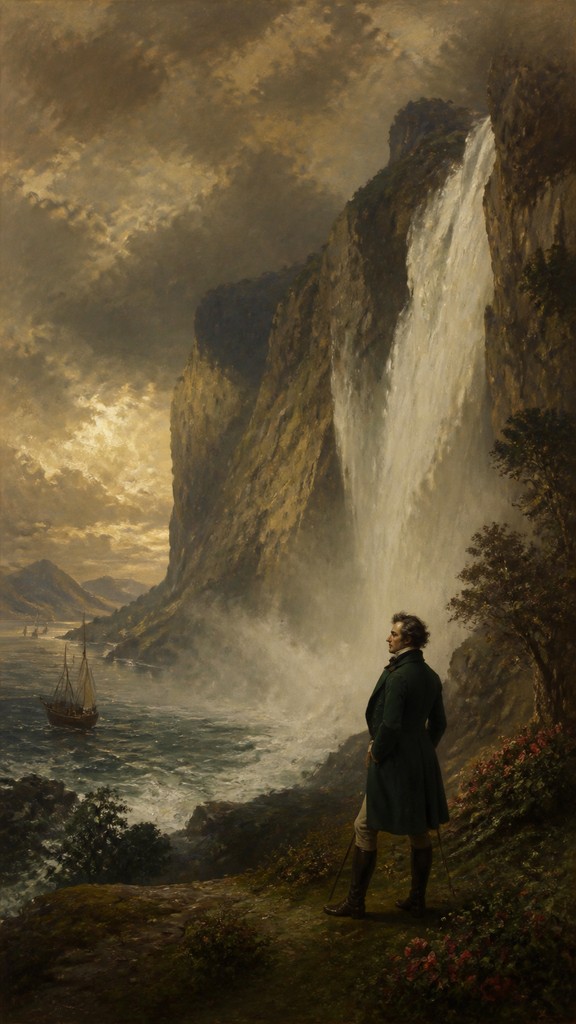towering waterfall cascading down a cliff — British Art Style
