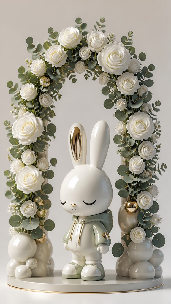 an arch of white roses and eucalyptus in soft morning light, elegant vertical composition with open space, no text — Art Toy Sculpture wedding invitation