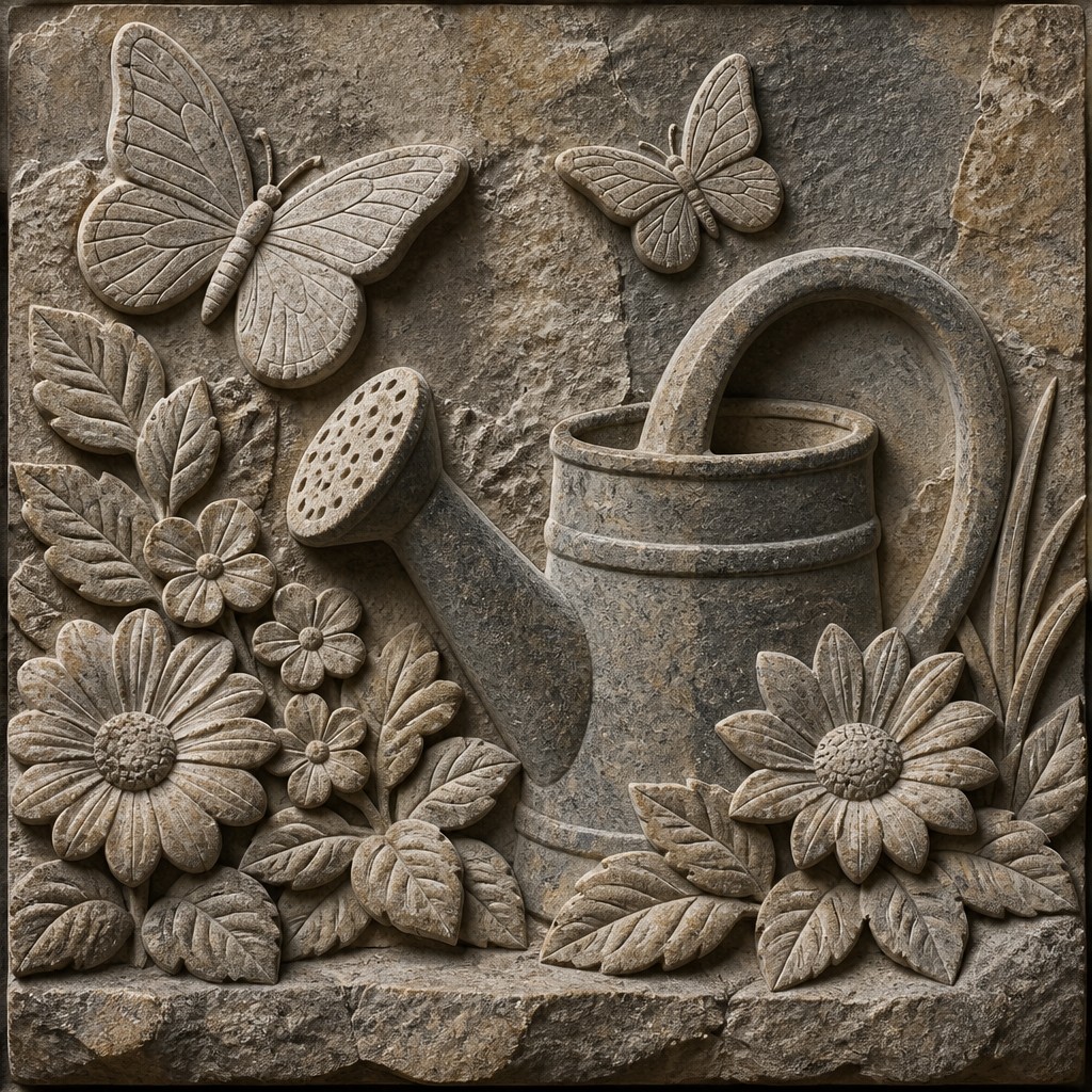 a garden scene with butterflies, flowers and a watering can, clean uncolored line art, no text — Stone Carving Sculpture Art Style coloring page