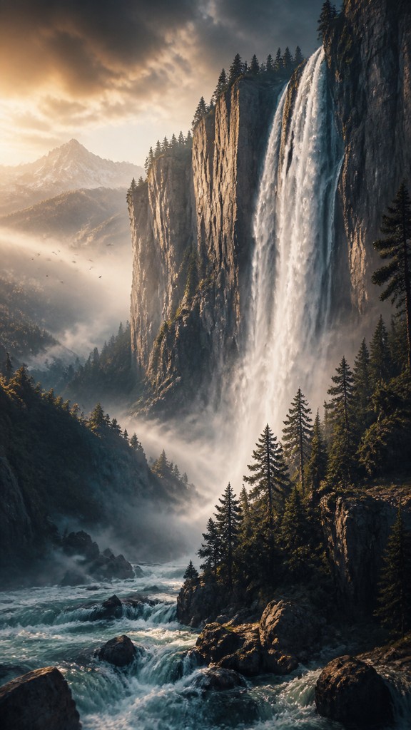 towering waterfall cascading down a cliff — Matte Painting Digital Art Style