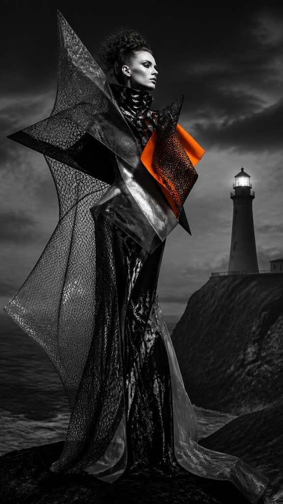 a lone lighthouse on a cliff at dusk under a dramatic sky, no text or lettering — Avant-Garde Fashion Design poster