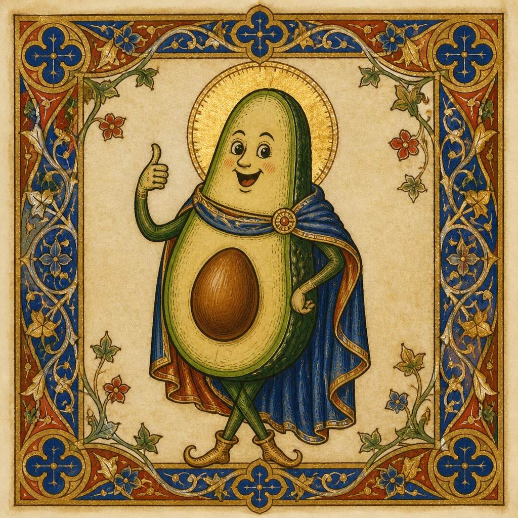 a happy avocado character giving a thumbs up, bold readable design on a plain background, no text — Medieval Gothic Art sticker