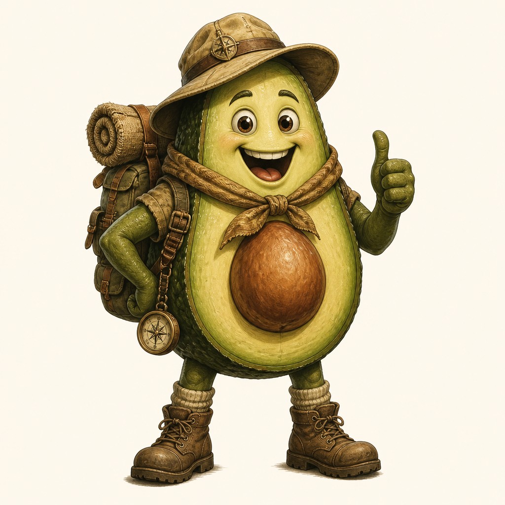 a happy avocado character giving a thumbs up, bold readable design on a plain background, no text — Adventurecore Aesthetic sticker