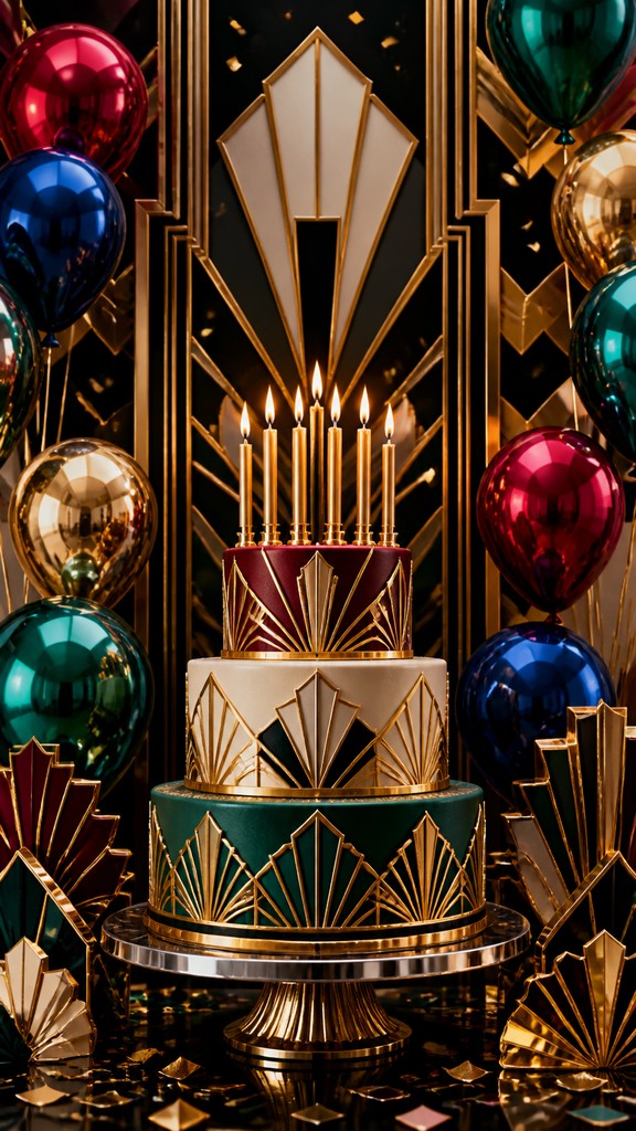 a birthday cake with lit candles surrounded by balloons and confetti, festive vertical composition, no text — Art Deco Style birthday card