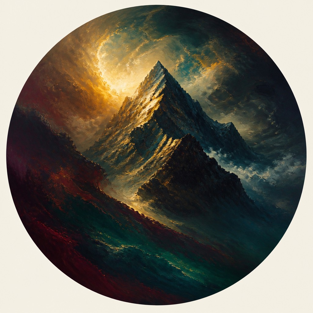 an emblem of a mountain peak inside a circle, simple bold shapes on a plain background, no text or lettering — Romantic Classical Art Style logo concept