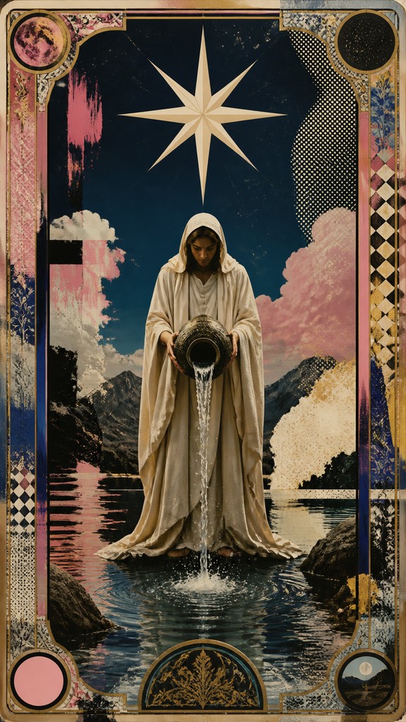 a robed figure pouring water beneath a large eight-pointed star in a night sky, symmetrical composition with an ornate decorative border, no text — Postmodernism Art Style tarot card
