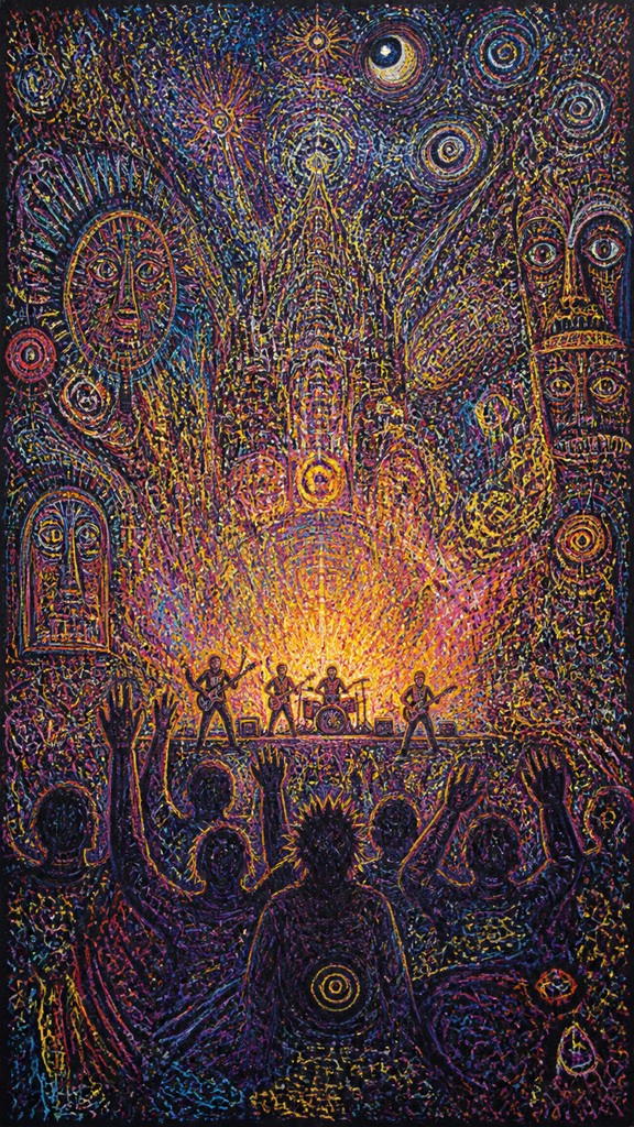 a live music scene with a glowing stage and silhouetted crowd, energetic vertical composition with open space at the top, no text — Outsider Art Style flyer