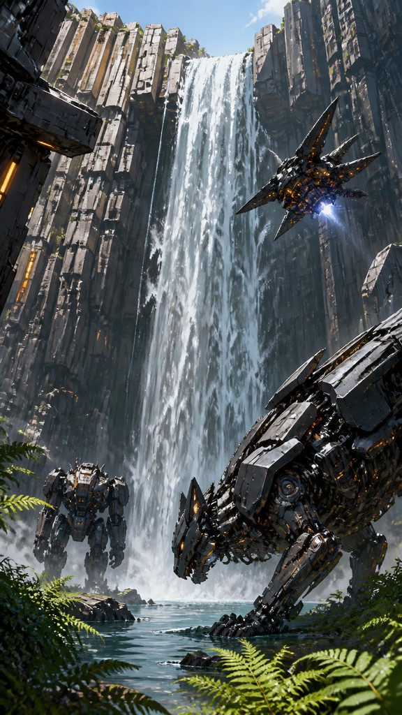 towering waterfall cascading down a basalt cliff into a misty pool surrounded by ferns, no people — Mecha Anime Art Style