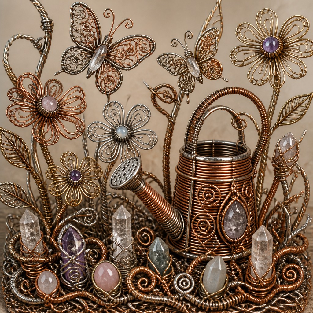 a garden scene with butterflies, flowers and a watering can, clean uncolored line art, no text — Wire-Wrapped Jewelry Style coloring page