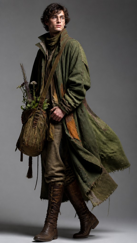full-body original character: a wandering botanist with a satchel of plants, a patched green cloak, tall boots and round glasses, neutral background — High Fashion Photography Style character design
