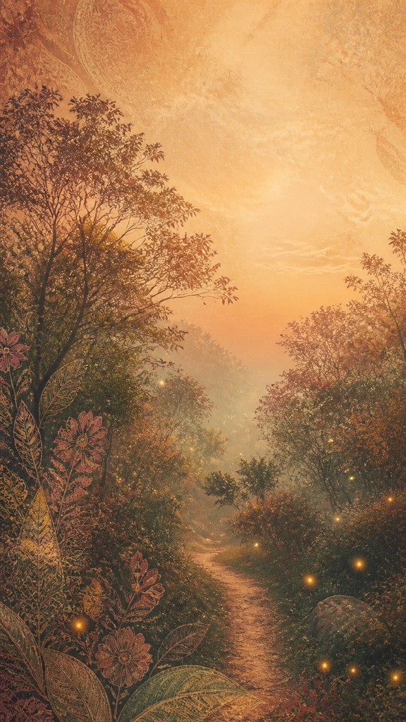 a mysterious forest path with fireflies and drifting mist, atmospheric vertical composition with open space at the top, no text — Bohemian Fashion Design book cover