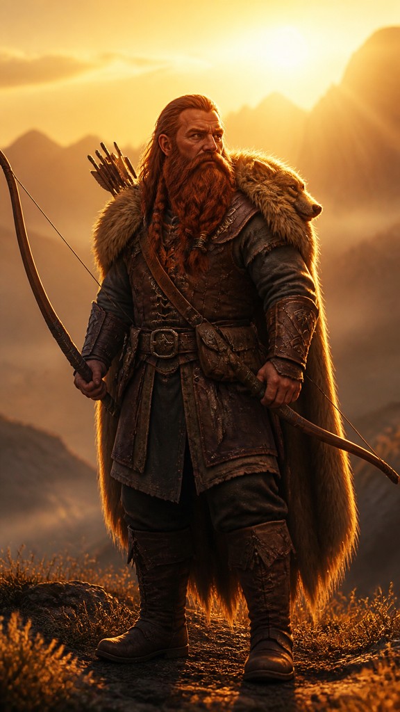 full-body original character: a dwarven ranger with a braided auburn beard, worn leather armor, a longbow and a wolf-pelt cloak, neutral background, no text — Golden Hour Landscape Photography Style tabletop character portrait