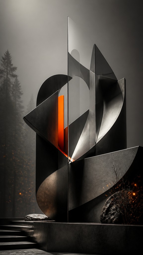 a mysterious forest path with fireflies and drifting mist, atmospheric vertical composition with open space at the top, no text — Modern Abstract Sculpture Art Style book cover