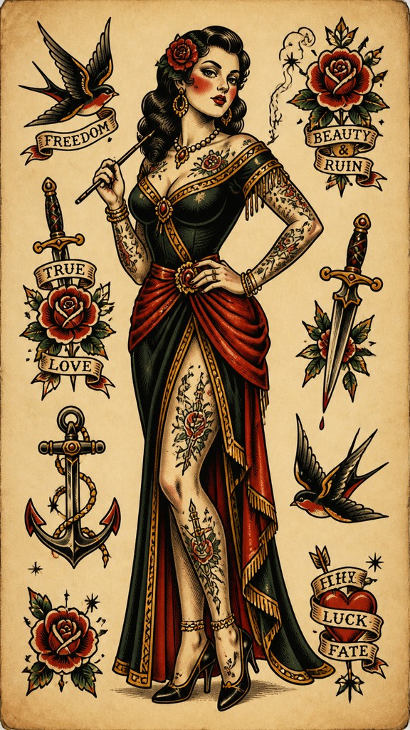 full-length portrait of an elegant figure — Tattoo Flash Art Style