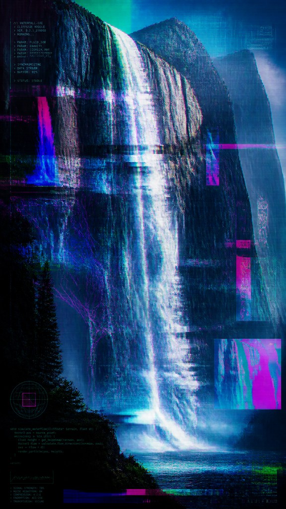 towering waterfall cascading down a cliff — New Media Art Style